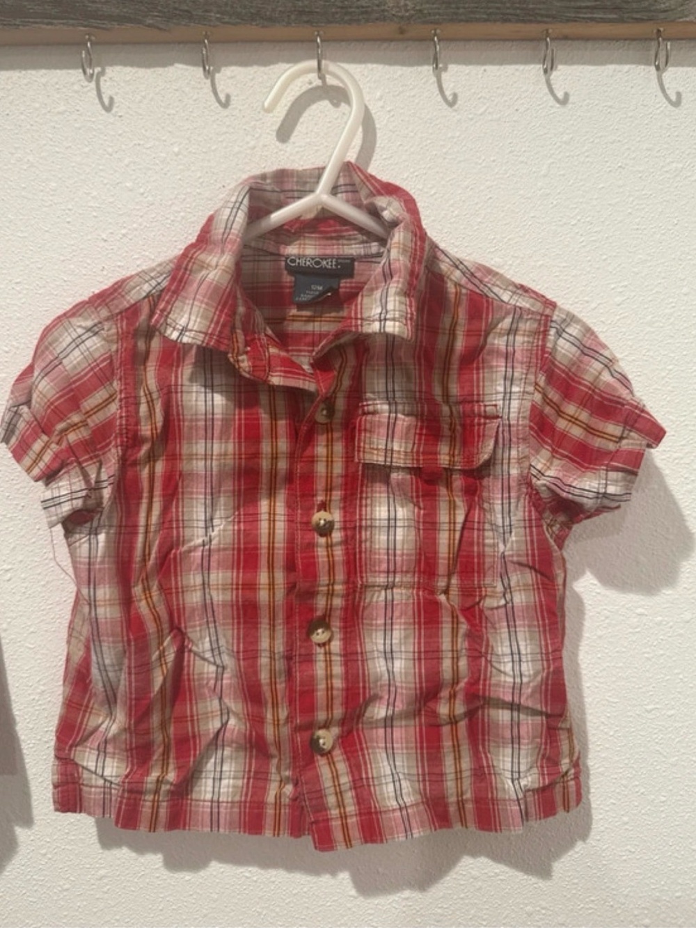 Cherokee Red and White Plaid Short-Sleeve Button-Up Shirt for Kids